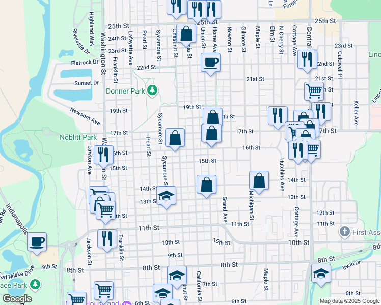 map of restaurants, bars, coffee shops, grocery stores, and more near 1532 California Street in Columbus