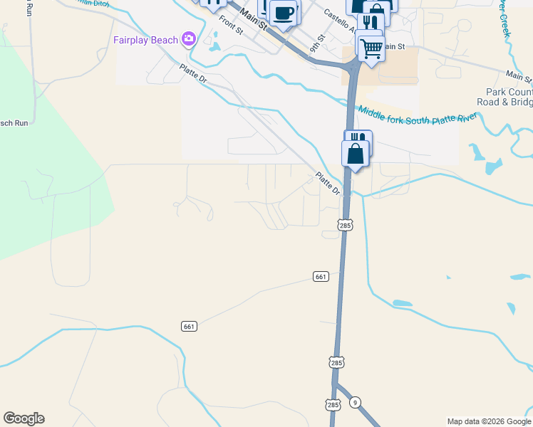 map of restaurants, bars, coffee shops, grocery stores, and more near 67 Sunshine Park in Fairplay