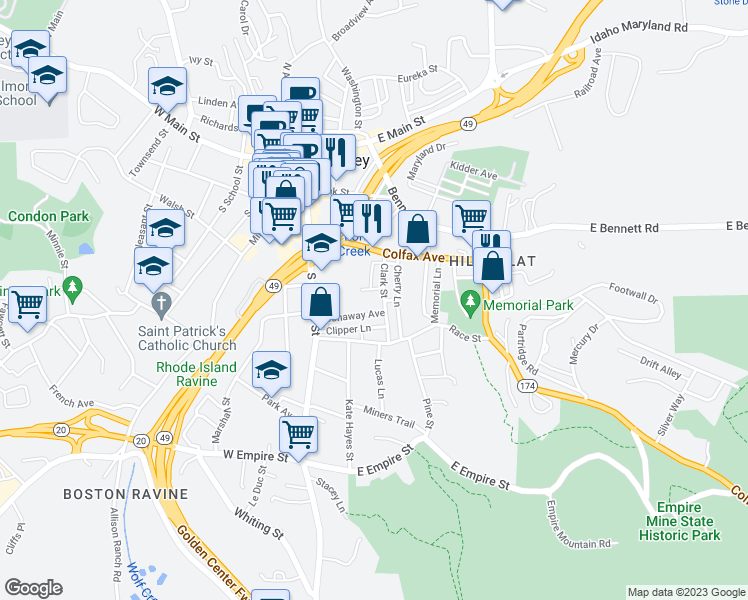 map of restaurants, bars, coffee shops, grocery stores, and more near 109 Florence Avenue in Grass Valley