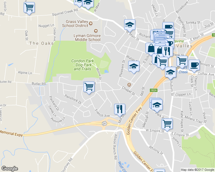map of restaurants, bars, coffee shops, grocery stores, and more near 425 Butler Street in Grass Valley