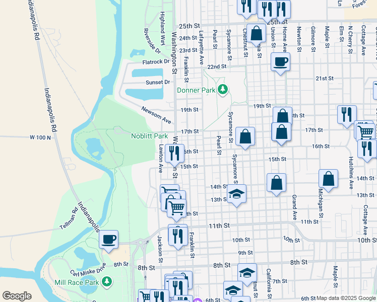 map of restaurants, bars, coffee shops, grocery stores, and more near 1605 Franklin St in Columbus