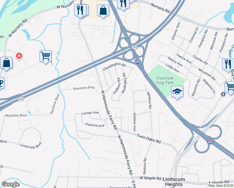 map of restaurants, bars, coffee shops, grocery stores, and more near 420 Madingley Road in Linthicum Heights