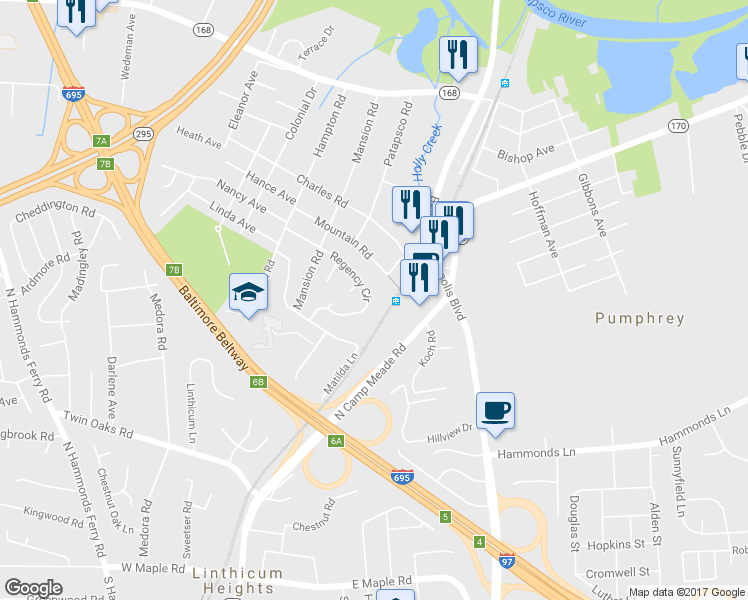 map of restaurants, bars, coffee shops, grocery stores, and more near 307 Regency Circle in Linthicum Heights