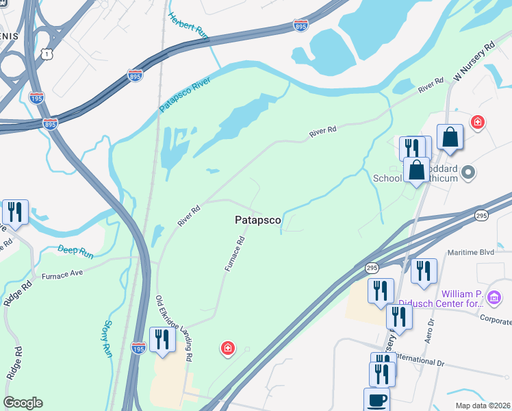 map of restaurants, bars, coffee shops, grocery stores, and more near 1125 Furnace Road in Linthicum Heights