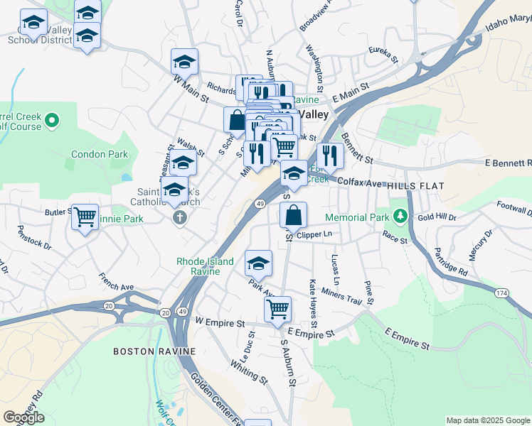 map of restaurants, bars, coffee shops, grocery stores, and more near 256 Buena Vista Street in Grass Valley