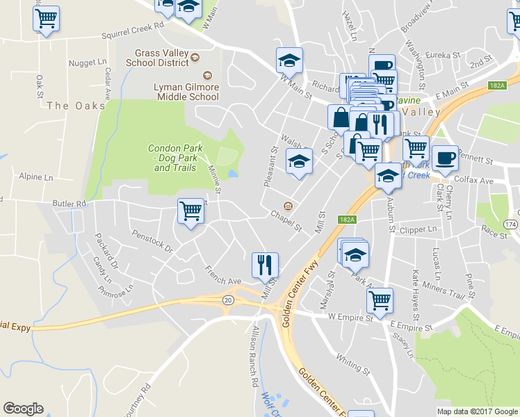 map of restaurants, bars, coffee shops, grocery stores, and more near 411 Chapel Street in Grass Valley