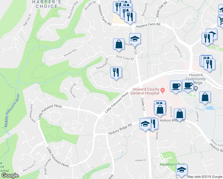 map of restaurants, bars, coffee shops, grocery stores, and more near 10927 Billingsgate Row in Columbia