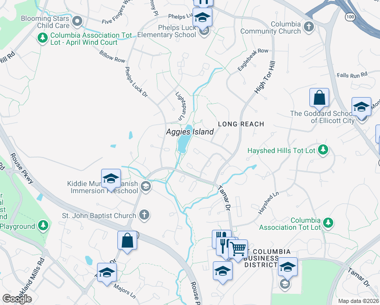 map of restaurants, bars, coffee shops, grocery stores, and more near 5783 Flagflower Place in Columbia