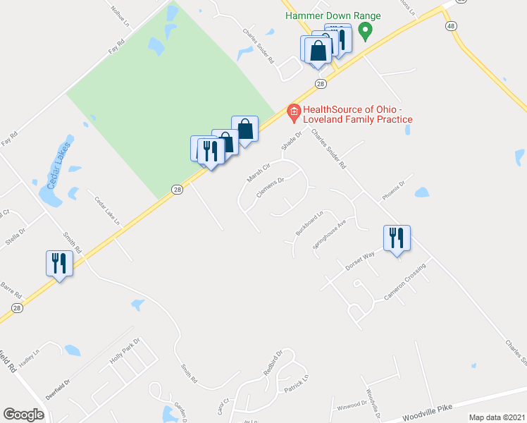 map of restaurants, bars, coffee shops, grocery stores, and more near 5920 Marsh Circle in Loveland