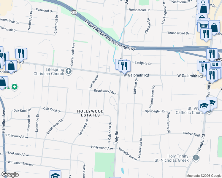 map of restaurants, bars, coffee shops, grocery stores, and more near 7922 Granville Lane in Cincinnati