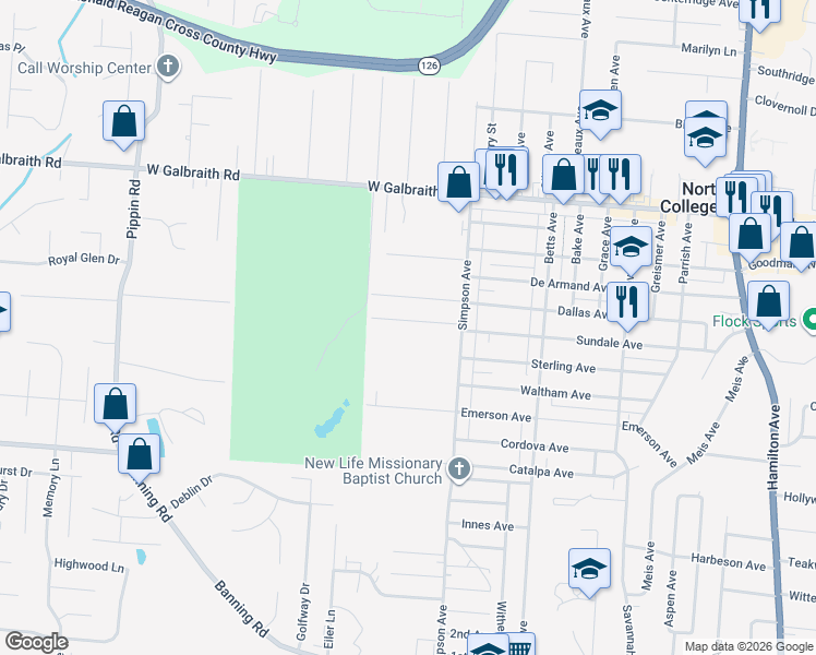 map of restaurants, bars, coffee shops, grocery stores, and more near 2021 Sundale Avenue in North College Hill
