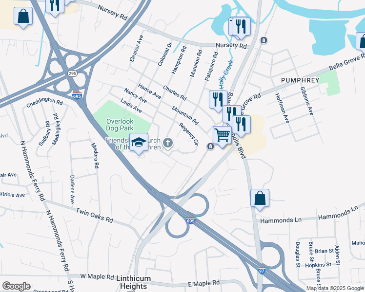map of restaurants, bars, coffee shops, grocery stores, and more near 203 Exeter Court in Linthicum Heights