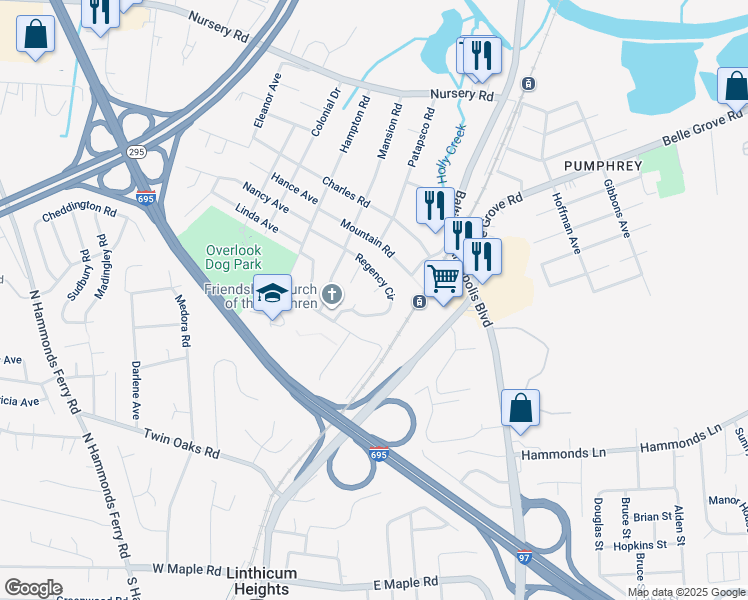map of restaurants, bars, coffee shops, grocery stores, and more near 205 Minta Court in Linthicum Heights