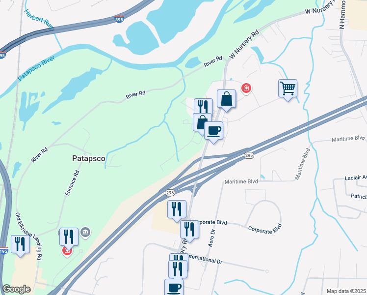 map of restaurants, bars, coffee shops, grocery stores, and more near Pinnacle Drive in Linthicum Heights