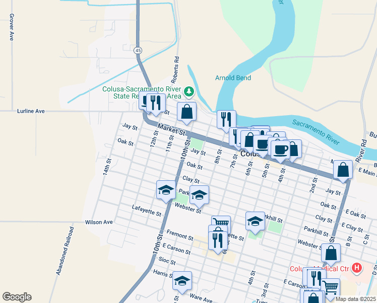 map of restaurants, bars, coffee shops, grocery stores, and more near 307 10th Street in Colusa