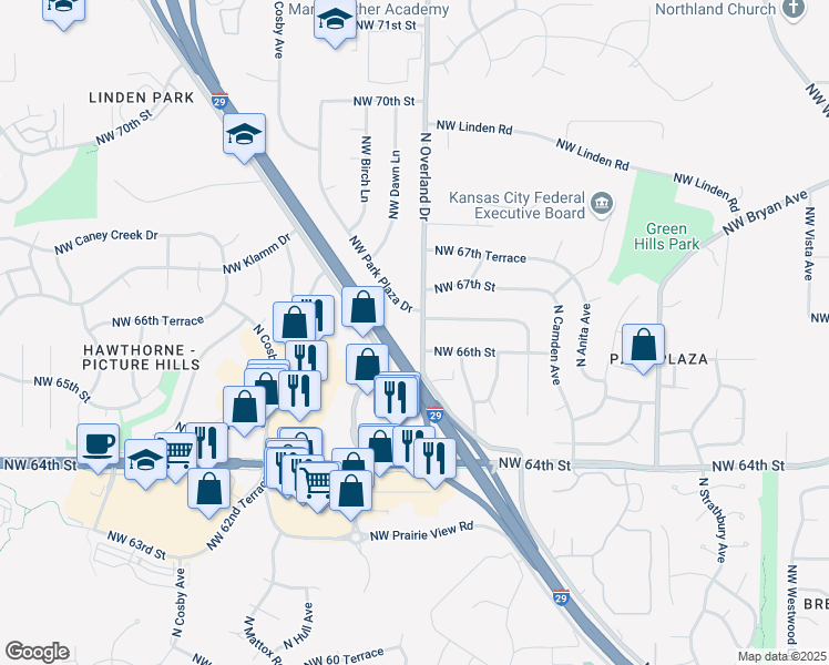 map of restaurants, bars, coffee shops, grocery stores, and more near 6508 North Overland Drive in Kansas City