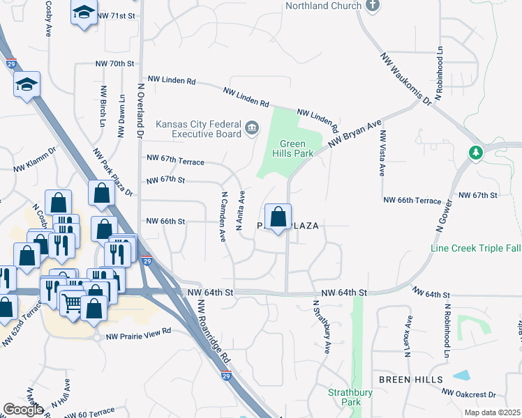 map of restaurants, bars, coffee shops, grocery stores, and more near 6528 North London Drive in Kansas City