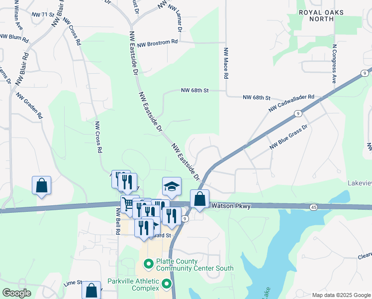 map of restaurants, bars, coffee shops, grocery stores, and more near 6704 Northwest Lawson Lane in Parkville