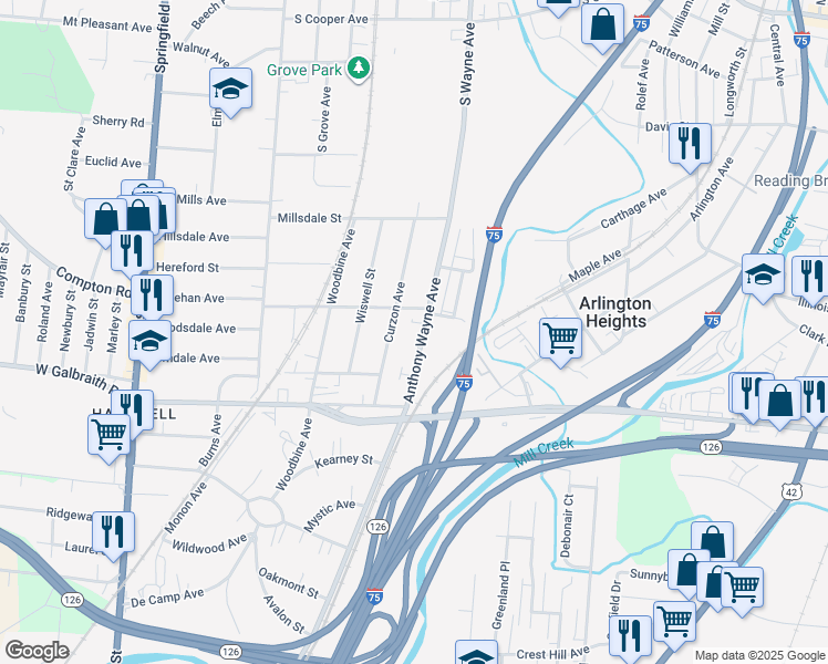 map of restaurants, bars, coffee shops, grocery stores, and more near 8363 Anthony Wayne Avenue in Cincinnati