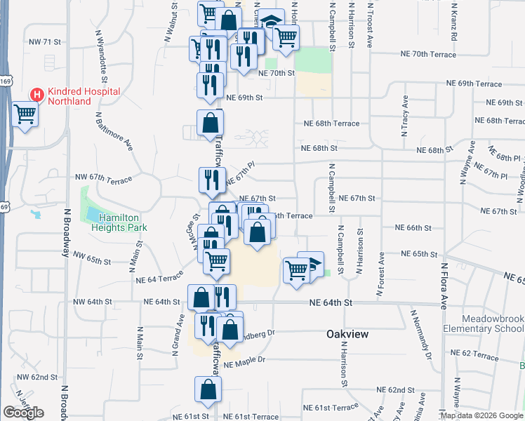 map of restaurants, bars, coffee shops, grocery stores, and more near 600 Northeast 66 Terrace in Kansas City