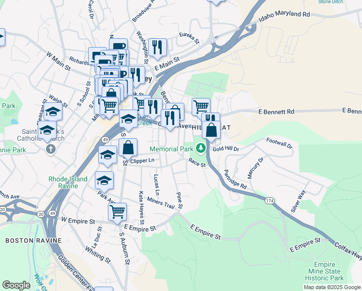 map of restaurants, bars, coffee shops, grocery stores, and more near 429 Henderson Street in Grass Valley