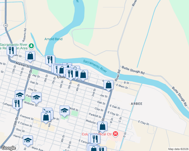 map of restaurants, bars, coffee shops, grocery stores, and more near 67 3rd Street in Colusa