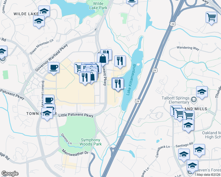 map of restaurants, bars, coffee shops, grocery stores, and more near 10285 Little Patuxent Parkway in Columbia