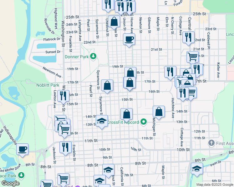 map of restaurants, bars, coffee shops, grocery stores, and more near 1532 California Street in Columbus