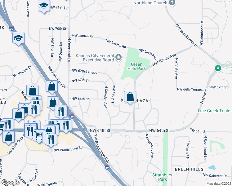 map of restaurants, bars, coffee shops, grocery stores, and more near 6528 North London Drive in Kansas City
