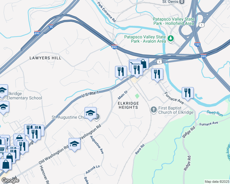 map of restaurants, bars, coffee shops, grocery stores, and more near 5911 Old Washington Road in Elkridge