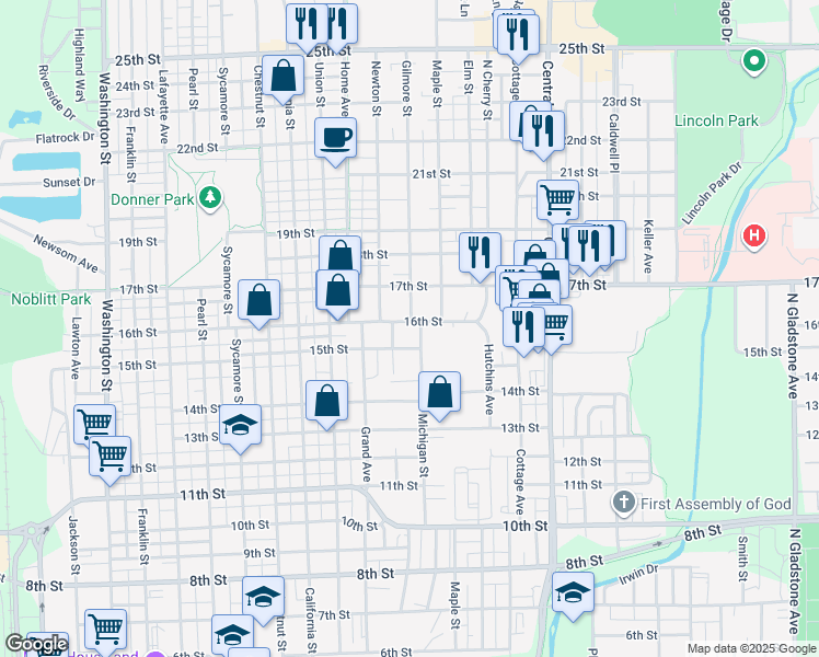 map of restaurants, bars, coffee shops, grocery stores, and more near 1321 16th Street in Columbus