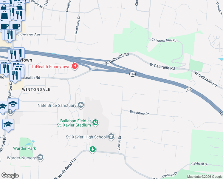 map of restaurants, bars, coffee shops, grocery stores, and more near 7835 View Place Drive in Cincinnati