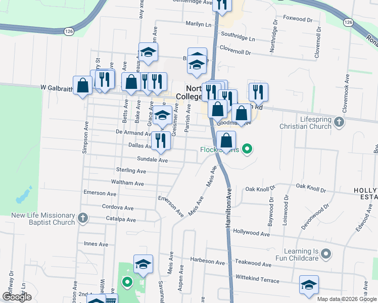 map of restaurants, bars, coffee shops, grocery stores, and more near 1701 Dallas Avenue in Cincinnati