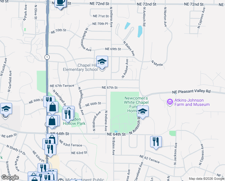 map of restaurants, bars, coffee shops, grocery stores, and more near 3405 Northeast 67th Street in Kansas City