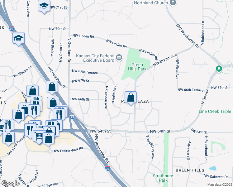 map of restaurants, bars, coffee shops, grocery stores, and more near 6528 North London Drive in Kansas City