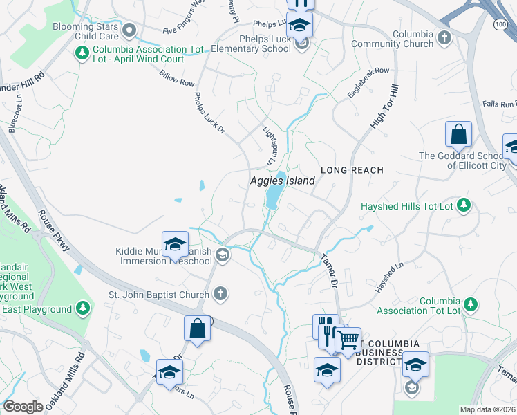 map of restaurants, bars, coffee shops, grocery stores, and more near 5693 Phelps Luck Drive in Columbia