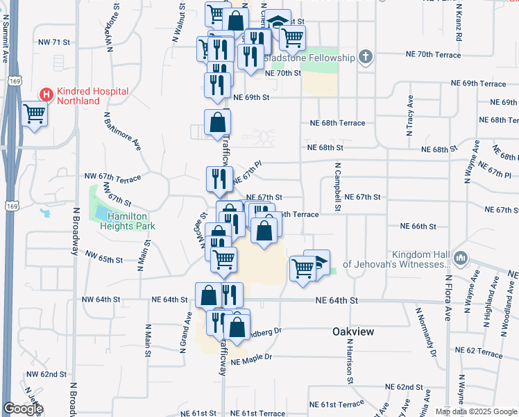 map of restaurants, bars, coffee shops, grocery stores, and more near 504 Northeast 66th Terrace in Kansas City