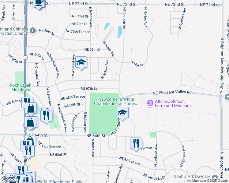 map of restaurants, bars, coffee shops, grocery stores, and more near 3701 Northeast 67th Street in Kansas City