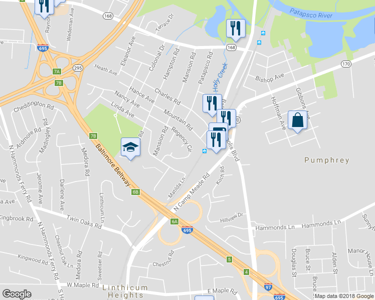 map of restaurants, bars, coffee shops, grocery stores, and more near 302 Regency Circle in Linthicum Heights