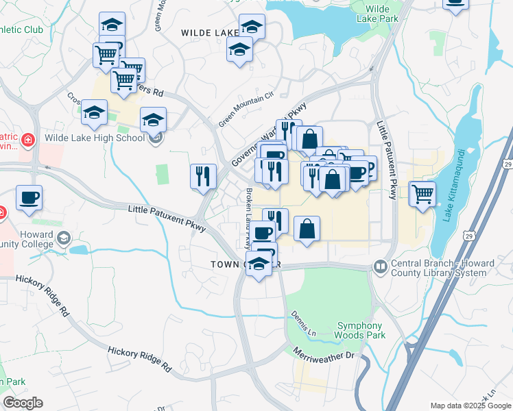 map of restaurants, bars, coffee shops, grocery stores, and more near Town Center Avenue in Columbia