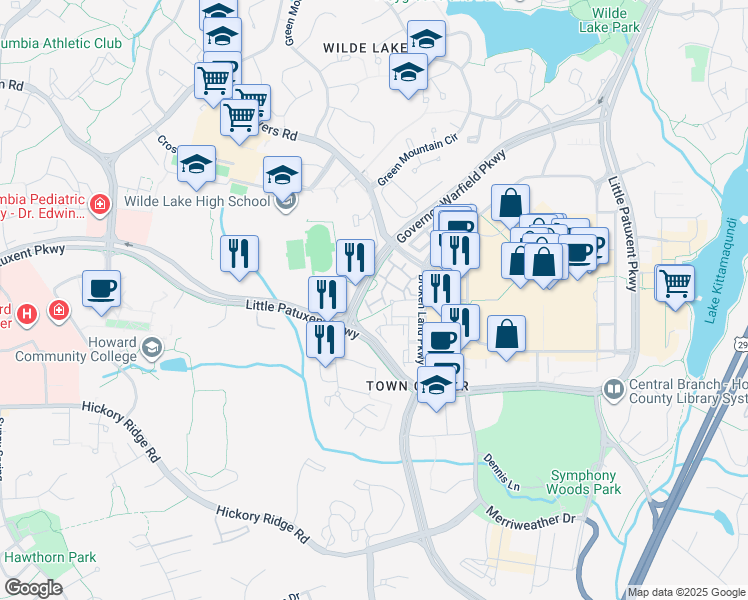 map of restaurants, bars, coffee shops, grocery stores, and more near 10822 Warfield Place in Columbia