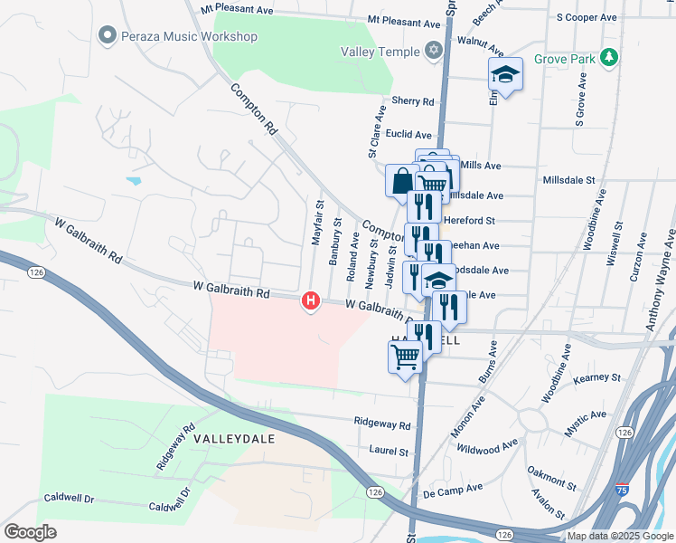 map of restaurants, bars, coffee shops, grocery stores, and more near 8336 Banbury Street in Cincinnati