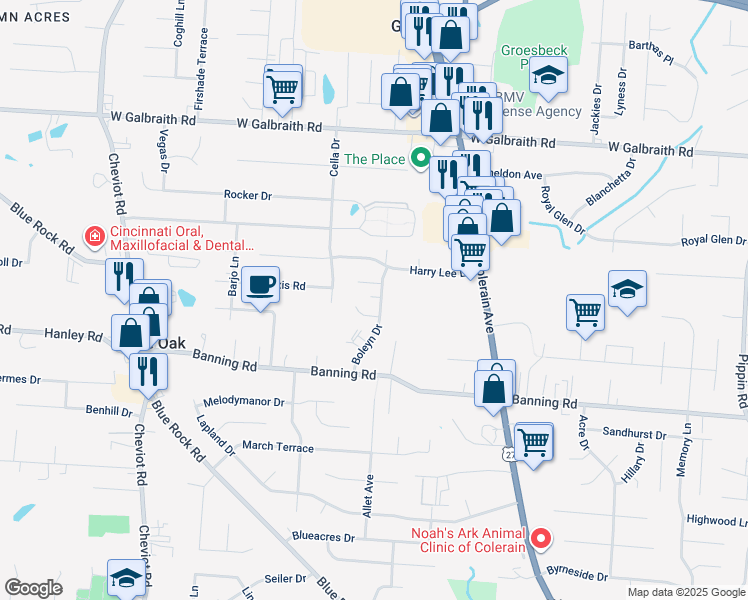 map of restaurants, bars, coffee shops, grocery stores, and more near 7429 Boleyn Drive in Cincinnati