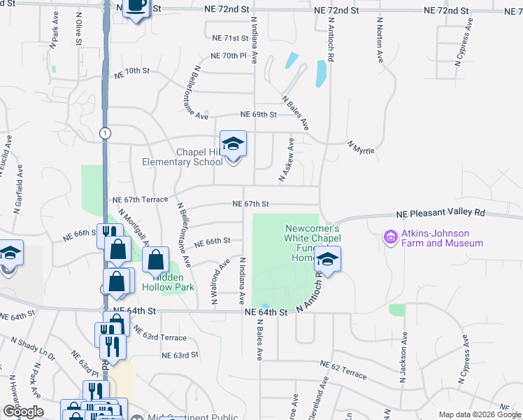 map of restaurants, bars, coffee shops, grocery stores, and more near 3405 Northeast 67th Street in Kansas City