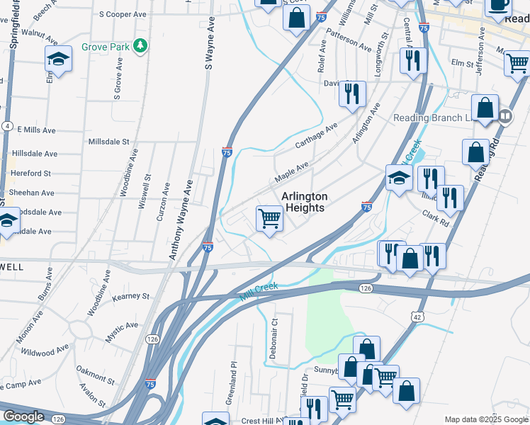 map of restaurants, bars, coffee shops, grocery stores, and more near 27 Orchard Avenue in Cincinnati