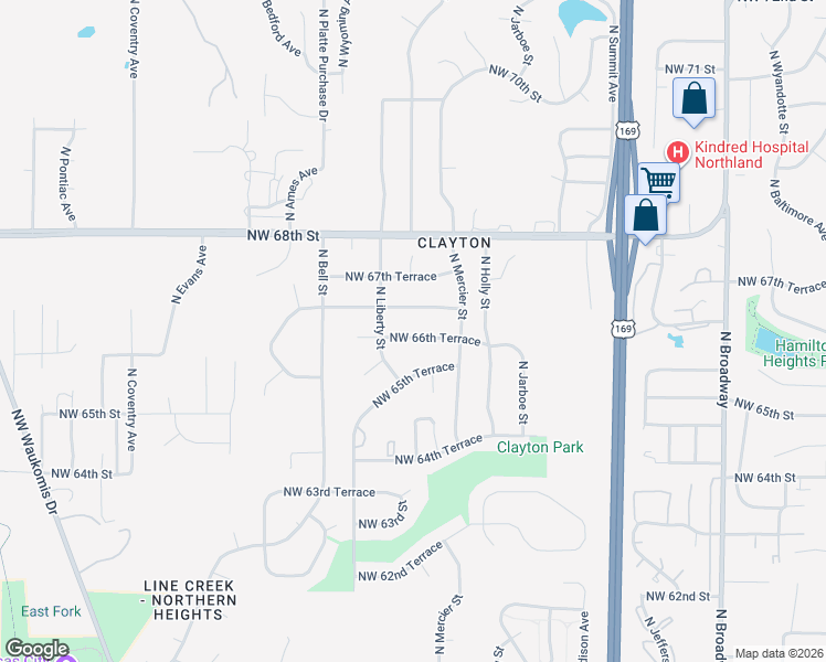 map of restaurants, bars, coffee shops, grocery stores, and more near 1400 Northwest 66th Terrace in Kansas City