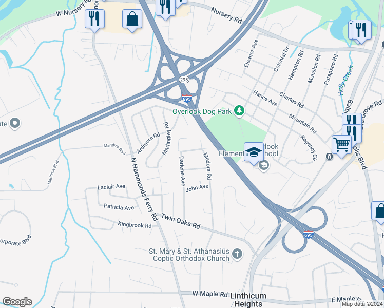 map of restaurants, bars, coffee shops, grocery stores, and more near 302 Viewing Avenue in Linthicum Heights