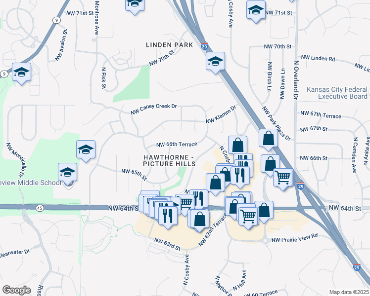 map of restaurants, bars, coffee shops, grocery stores, and more near 6613 Northwest Mil Mar Drive in Kansas City