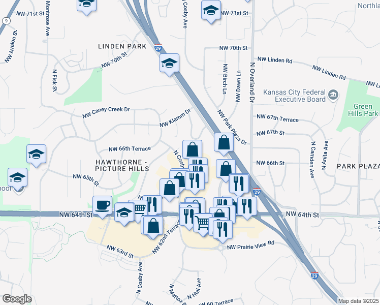 map of restaurants, bars, coffee shops, grocery stores, and more near 5606 Northwest 66th Terrace in Kansas City