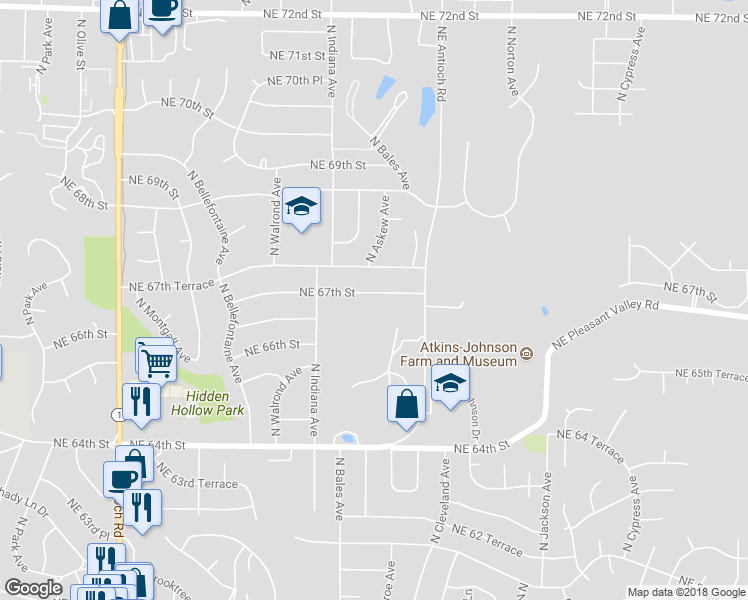 map of restaurants, bars, coffee shops, grocery stores, and more near 3511 Northeast 67th Street in Kansas City